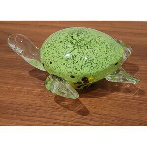 Crystal Glass Turtle Figurine Paperweight With Green Shell & Clear Flippers 7"